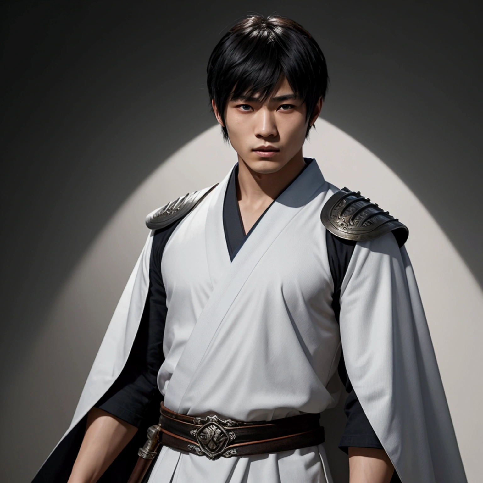 an eighteen year old Japanese man with a razualvemte full physique, have fair skin, I want you to have blue eyes and your hair covers your left eye with bangs, one eye covered by bangs, has a serious expression, and wears a white kimono, has a black cape on its back and has a strong look.. captured in an ultra-realistic full HD 4K portrait, detailed texture showing its menacing shape, Immersive atmosphere, high definition shadow play, digitalpainting, nevoa no environment. he is a swordsman.