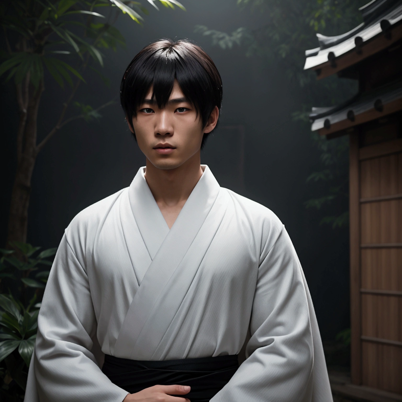 an eighteen year old Japanese man with a razualvemte full physique, have fair skin, I want you to have blue eyes and your hair covers your left eye with bangs, one eye covered by bangs, has a serious expression, and wears a white kimono, has a black cape on its back and has a strong look.. captured in an ultra-realistic full HD 4K portrait, detailed texture showing its menacing shape, Immersive atmosphere, high definition shadow play, digitalpainting, nevoa no environment. he is a swordsman.