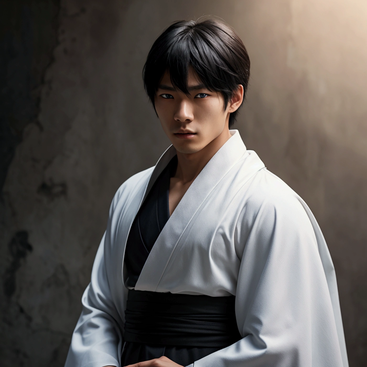 an eighteen year old Japanese man with a razualvemte full physique, have fair skin, I want you to have blue eyes and your hair covers your left eye with bangs, one eye covered by bangs, has a serious expression, and wears a white kimono, has a black cape on its back and has a strong look.. captured in an ultra-realistic full HD 4K portrait, detailed texture showing its menacing shape, Immersive atmosphere, high definition shadow play, digitalpainting, nevoa no environment. he is a swordsman.