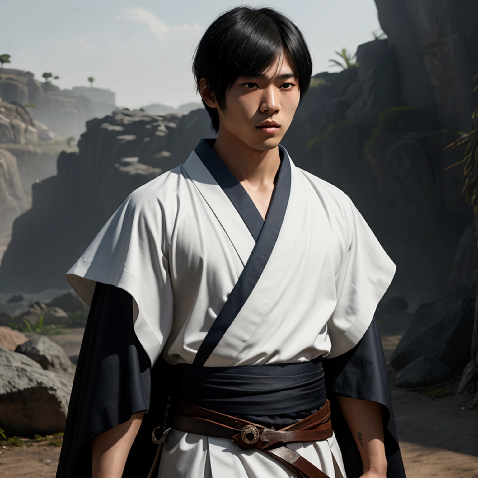 an eighteen year old Japanese man with a razualvemte full physique, have fair skin, I want you to have blue eyes and your hair covers your left eye with bangs, one eye covered by bangs, has a serious expression, and wears a white kimono, has a black cape on its back and has a strong look.. captured in an ultra-realistic full HD 4K portrait, detailed texture showing its menacing shape, Immersive atmosphere, high definition shadow play, digitalpainting, nevoa no environment. he is a swordsman.