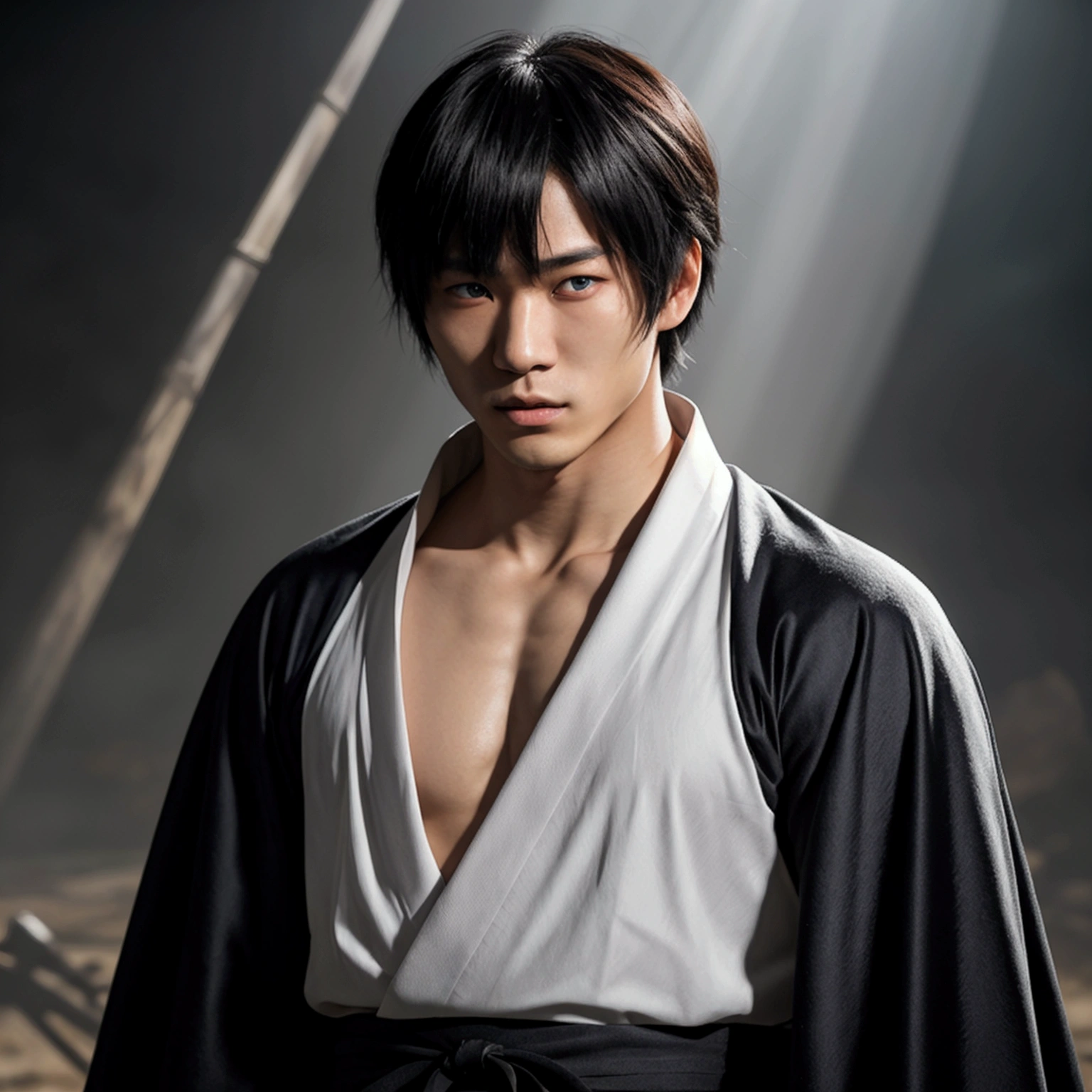 an eighteen year old Japanese man with a razualvemte full physique, have fair skin, I want you to have blue eyes and your hair covers your left eye with bangs, one eye covered by bangs, has a serious expression, and wears a white kimono, has a black cape on its back and has a strong look.. captured in an ultra-realistic full HD 4K portrait, detailed texture showing its menacing shape, Immersive atmosphere, high definition shadow play, digitalpainting, nevoa no environment. he is a swordsman.