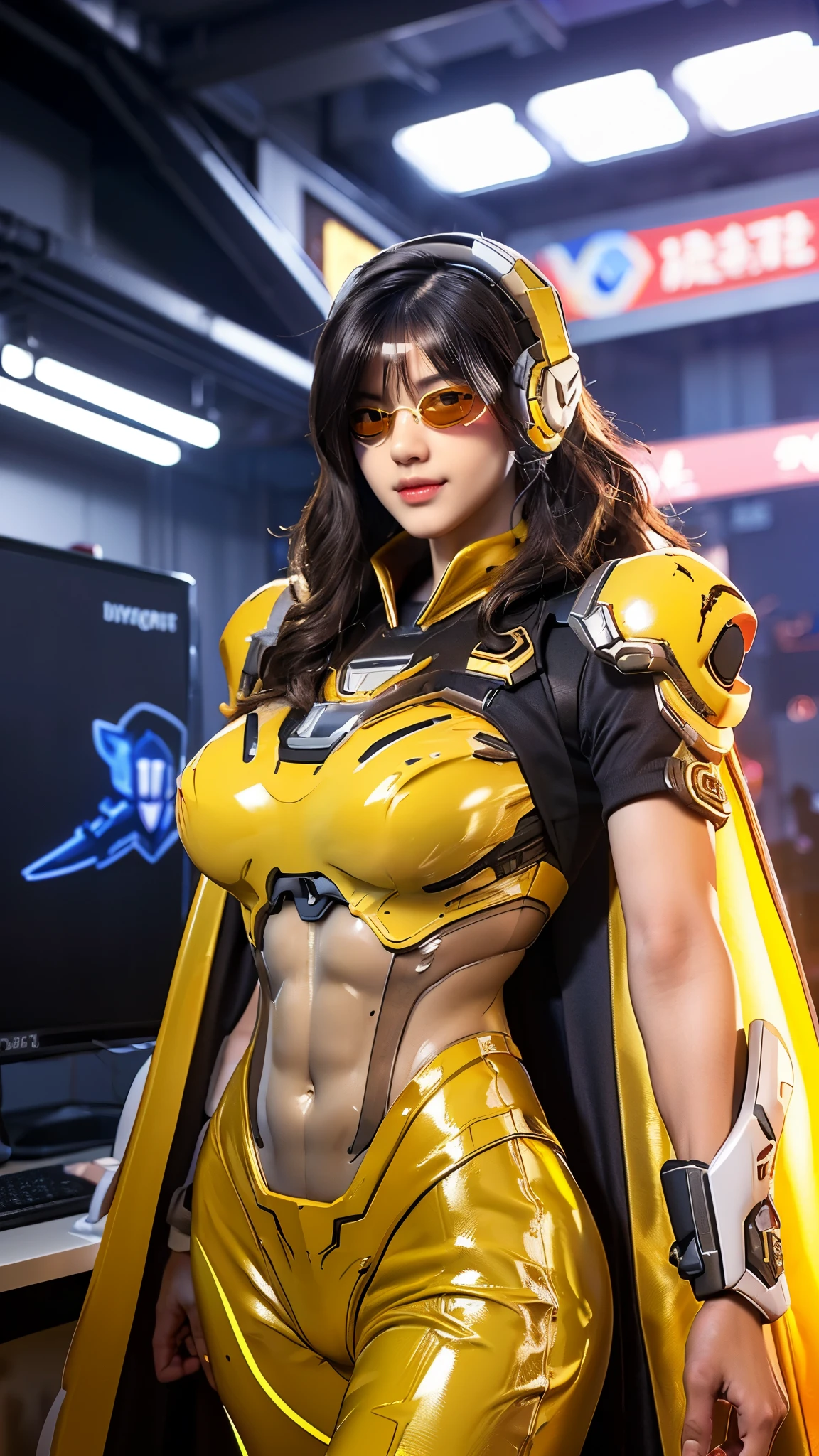 vonnyfelicia, CLOSE UP UPPER BODY,solo, COWBOY SHOT, ((E-SPORT HEADPHONE, WAVY BLODE HAIR:1.4)), (GIGANTIC FAKE BREASTS,11 LINE ABS:1.5), (TIGHT YELLOW FUTURISTIC MECHA BODYSUIT OVERWATCH, ROYAL LONG CAPE:1.5), (MUSCULAR SLENDER BODY SHAPE:1.5), (CLEAN GLOSSY BODYSKIN:1.5), (LOOKING AT VIEWER:1.6), (BACKGROUND FUTURISTIC SPACE STATION:1), (Photorealsitic:1.4), (Ultra-detail), (TOP-QUALITY), (BEST SHADOWS), BRIGHT LIGHT IN ROOM, HYPER TEXTURE, (4X MSAA), ((UNREAL ENGINE 5 RENDER)), (NEON), PHYSICALLY-BASED RENDERING, ULTRA HIGHT DEFINITION, 16K, 1080P.