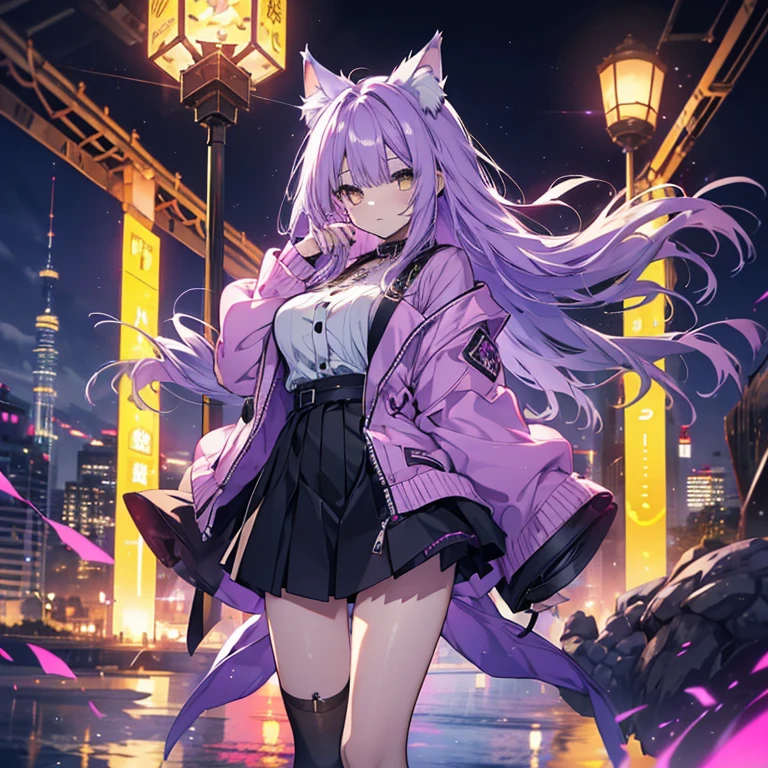 1 girl、Mature、Ample breasts、Purple Hair、Yellow Eyes、Long Hair、Cat ear、Miniskirt、ピンクのMiniskirt、pumps、ピンクのpumps、Long nails、Sharp Claws、Night view、High resolution、Highest quality