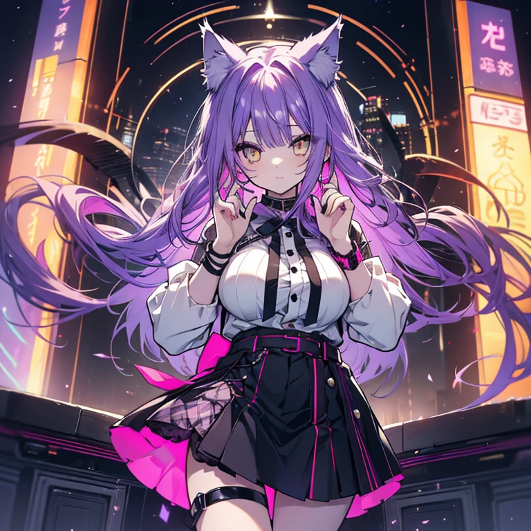 1 girl、Mature、Ample breasts、Purple Hair、Yellow Eyes、Long Hair、Cat ear、Miniskirt、ピンクのMiniskirt、pumps、ピンクのpumps、Long nails、Sharp Claws、Night view、High resolution、Highest quality