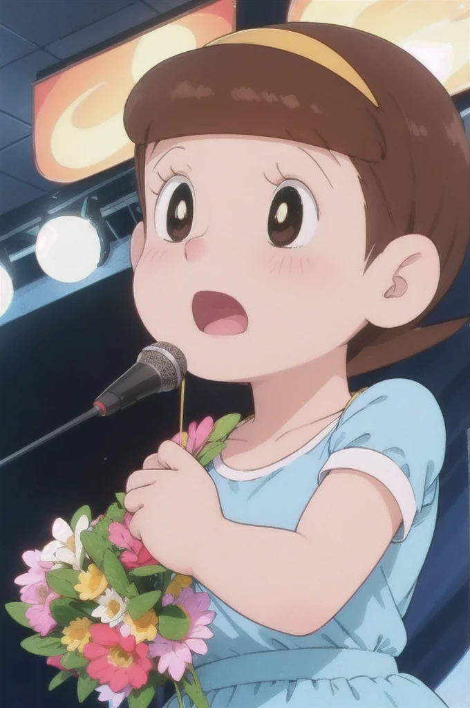 a beautiful idol girl hoshinosumire singing on stage, 1980s retro art style, 1990s style, detailed facial features, long eyelashes, detailed dress, cute expression, audience watching, best quality, 4k, 8k, highres, masterpiece, ultra-detailed, realistic, photorealistic, vivid colors, studio lighting, sharp focus, physically-based rendering, Full body image, Singing without a microphone, 5 heads, I'd like to make my breasts a little bigger.