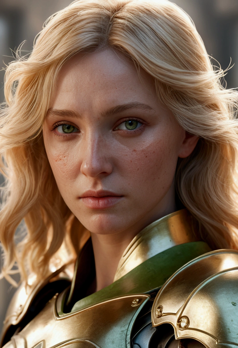 an angel, armor is gold (masterpiece, Best quality, a high resolution:1.4), 1 girl, an angel, skin pore texture, blonde hair, HD , photo, movie, cinematic, whole body, realistic, (8 K, RAW photo, Best quality, masterpiece:1.2), (realistic, photo-realistic:1.33), Best quality, detailed eyes gray-green, Cute,daylight, depth of field, granularity, wrinkled skin, spicy, detailed and realistic portrait of a woman ,(freckles:0.5)