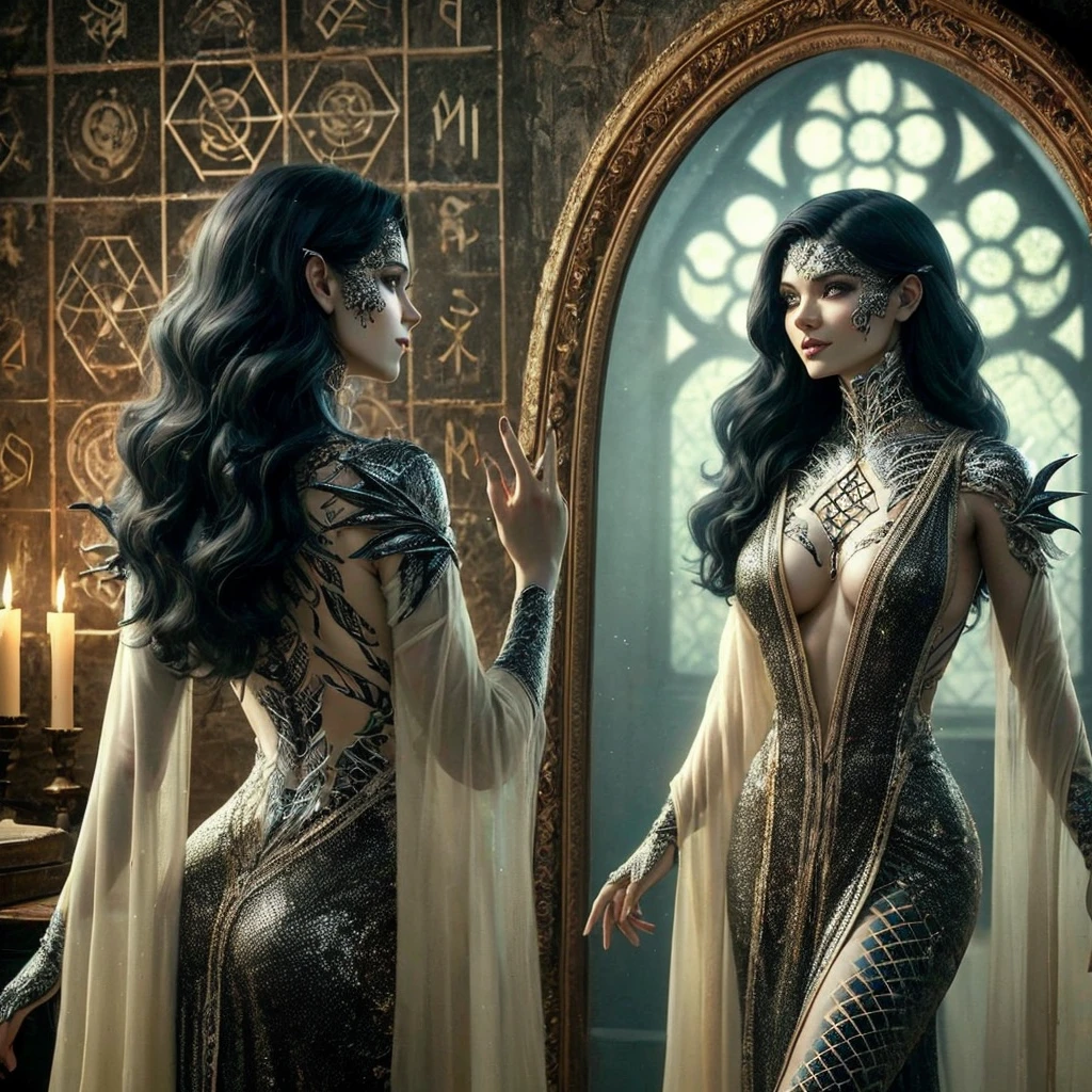 Tenue vestimentaire :

Armure de cuir épousant parfaitement les formes.
Les courbes sont mises en avant, avec des éléments décoratifs accentuant sa beauté physique.
La tenue est révélatrice, soulignant sa séduction et son attrait physique.
Posture et Attitude :

Posture provocante, avec un léger sourire en coin.
Regard intense et séducteur, destiné à attirer et captiver l'attention.
Gestes fluides et gracieux, mais fortement orientés vers la sensualité.
Ambiance générale :

Environnement sombre et enfumé, avec une atmosphère de taverne.
Présence de spectateurs, surtout des hommes, fixant Kristina avec admiration et désir.
Éclairage mettant en valeur ses atouts physiques, créant une aura de mystère et de tentation.