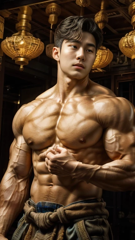 disconsolate,Ambient,artistic conception,large scene,The wind blew up the white curtains,Dattain lamps,Diffuse light,chest muscle,Shirtless, stubbles, Sideburns, musculature, Strong handsome korean guy,body builder,many hands, multiple hands god , Hanfu,Golden blue、Jing Qing Moqing、Plain cherry blue,Junyi,Dignified atmosphere,Temperament,Short hair, Flat-headed beautiful man,The light is gentle,The scene comes to life