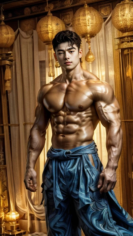 disconsolate,Ambient,artistic conception,large scene,The wind blew up the white curtains,Dattain lamps,Diffuse light,chest muscle,Shirtless, stubbles, Sideburns, musculature, Strong handsome korean guy,body builder,many hands, multiple hands god , Hanfu,Golden blue、Jing Qing Moqing、Plain cherry blue,Junyi,Dignified atmosphere,Temperament,Short hair, Flat-headed beautiful man,The light is gentle,The scene comes to life