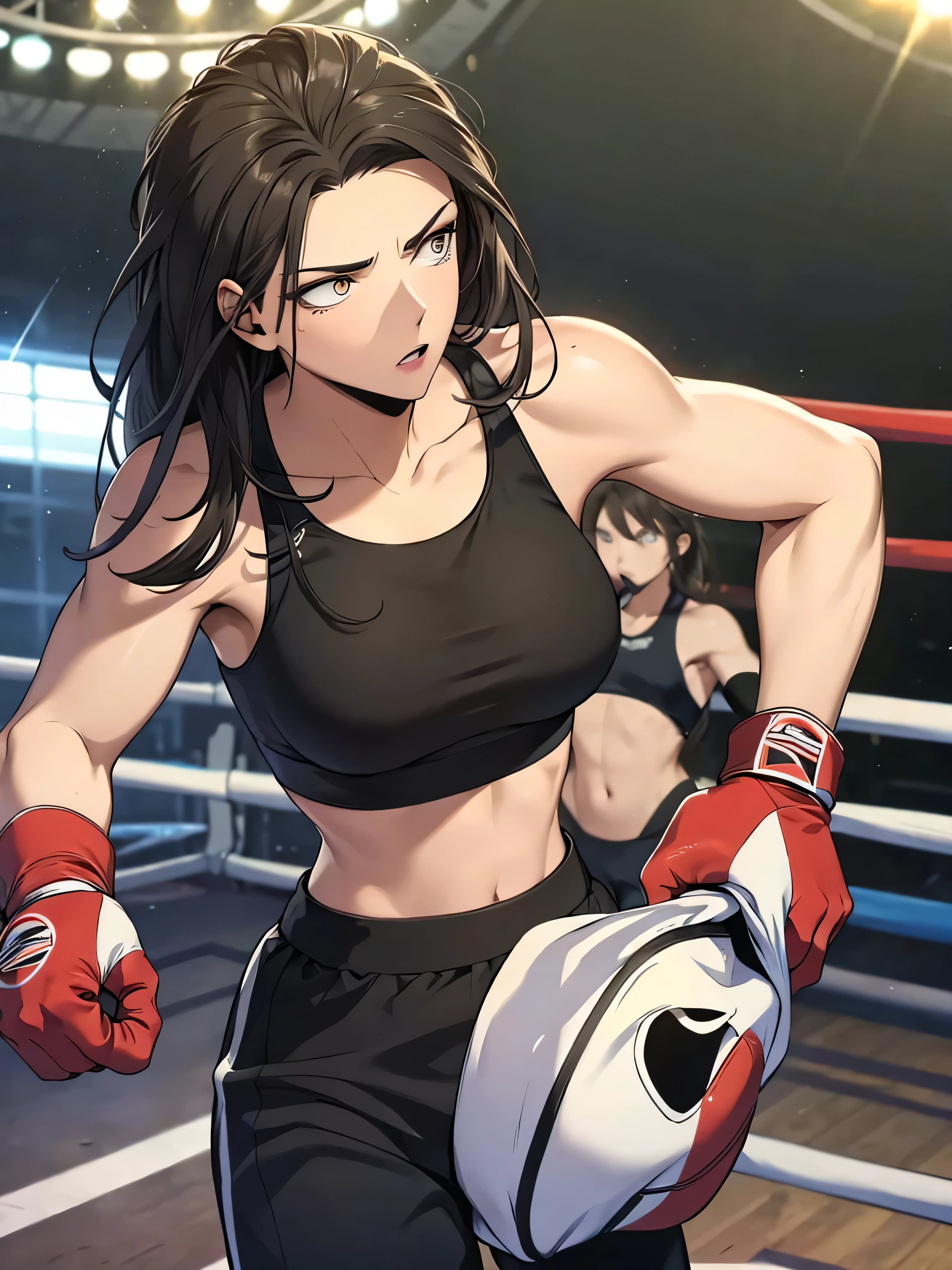  sports bra, toned,muscular,long black pants, boxing gloves, boxing stance, high quality, masterpiece