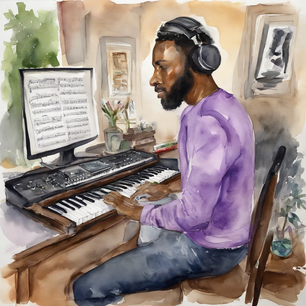 I am releasing an extend playlist titled smooth operator so i want a cool animated black person with hair around the age of 20 to 21, wearing a cool purple shirt written smooth operator at the back and he should be in a music studio with purple LED lights, the picture should be of high quality, the guy should be dark seated on a chair in a music studio and he should be facing on his laptop of gear like he is mixing a song
