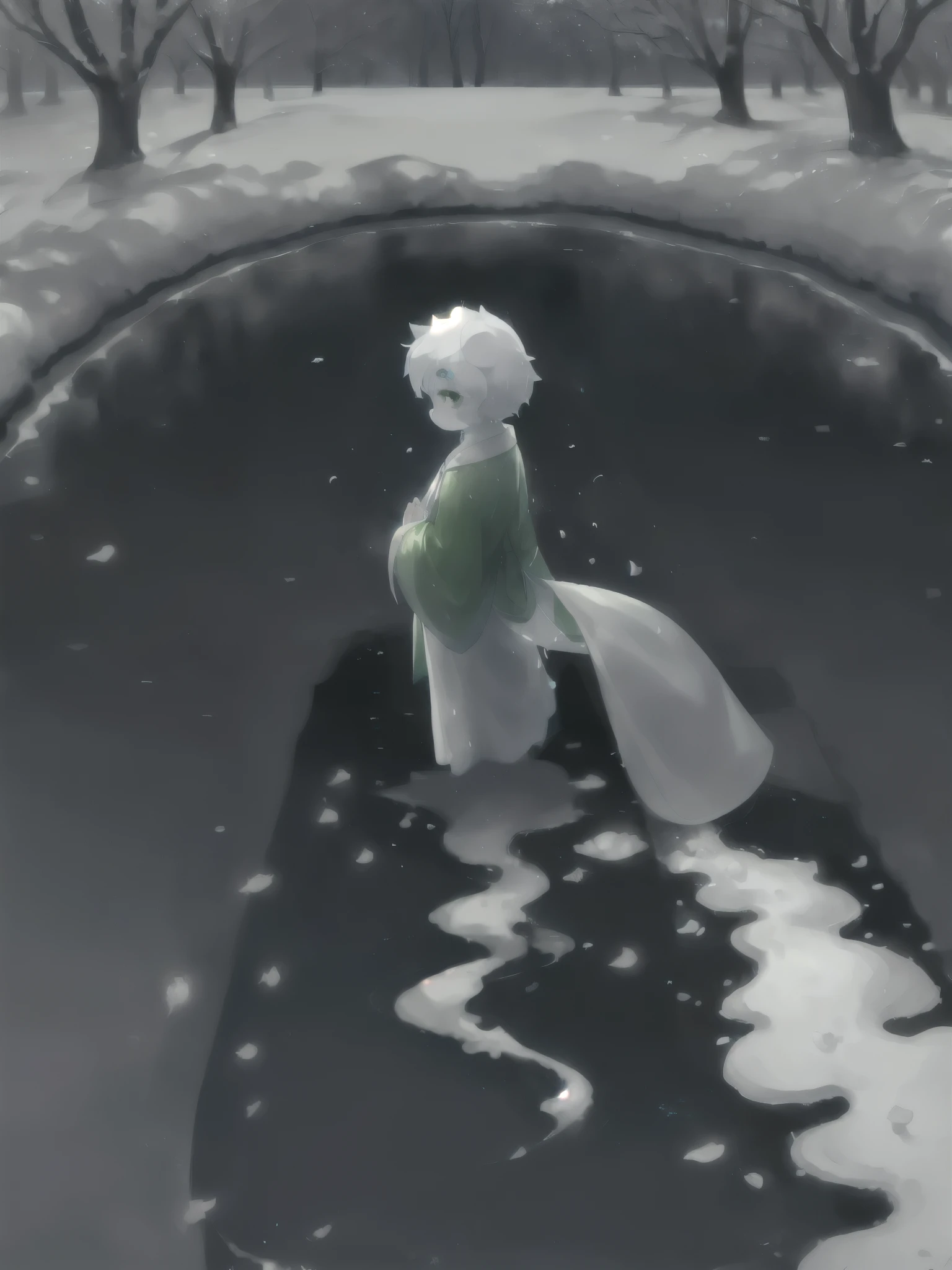 Cute Orc,White robe,Green Eyes,Blue sky,White petals,Melting ice and snow,Melting ice and snow,cute,White pear blossom tree,adult,cute,Green Clothing,White ears,Furry ears,Petals fall all over the ground,Petals floating in the air,flowing river,peach,Looking at the audience,Standing picture,masterpiece,meticulous,Award-winning works