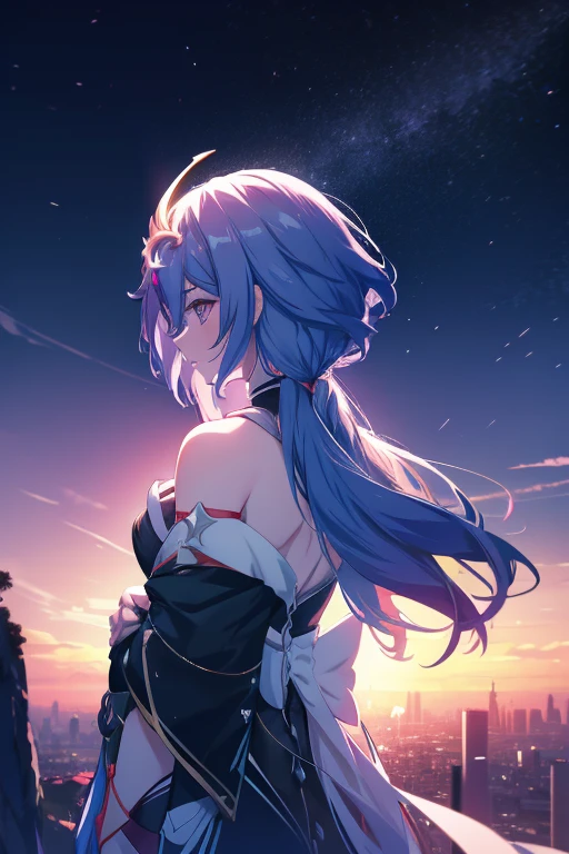 an anime girl looking at the horizon, fu hua_(herrscher of sentience), 4k, masterpiece, high resolution, facing to the right, starless night, on top of the hill, anime, cinematic lighting,