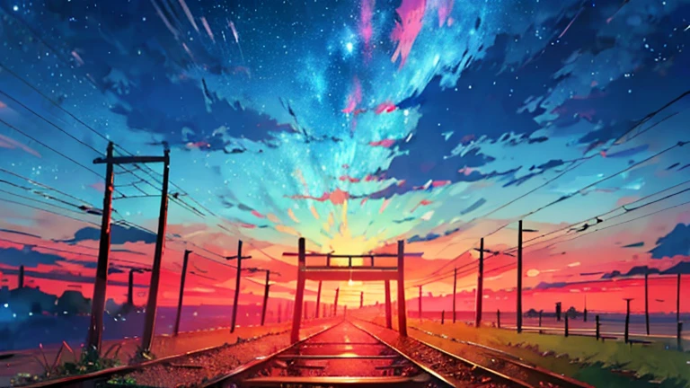 Animated railroad crossing track and sky background, A beautiful and harmonious scene, Exquisite animations, Rich details (Width is 672), high quality, Vivid 4K, Artistic 4k wallpapers, Amazing anime scenery, 8k art wallpaper.