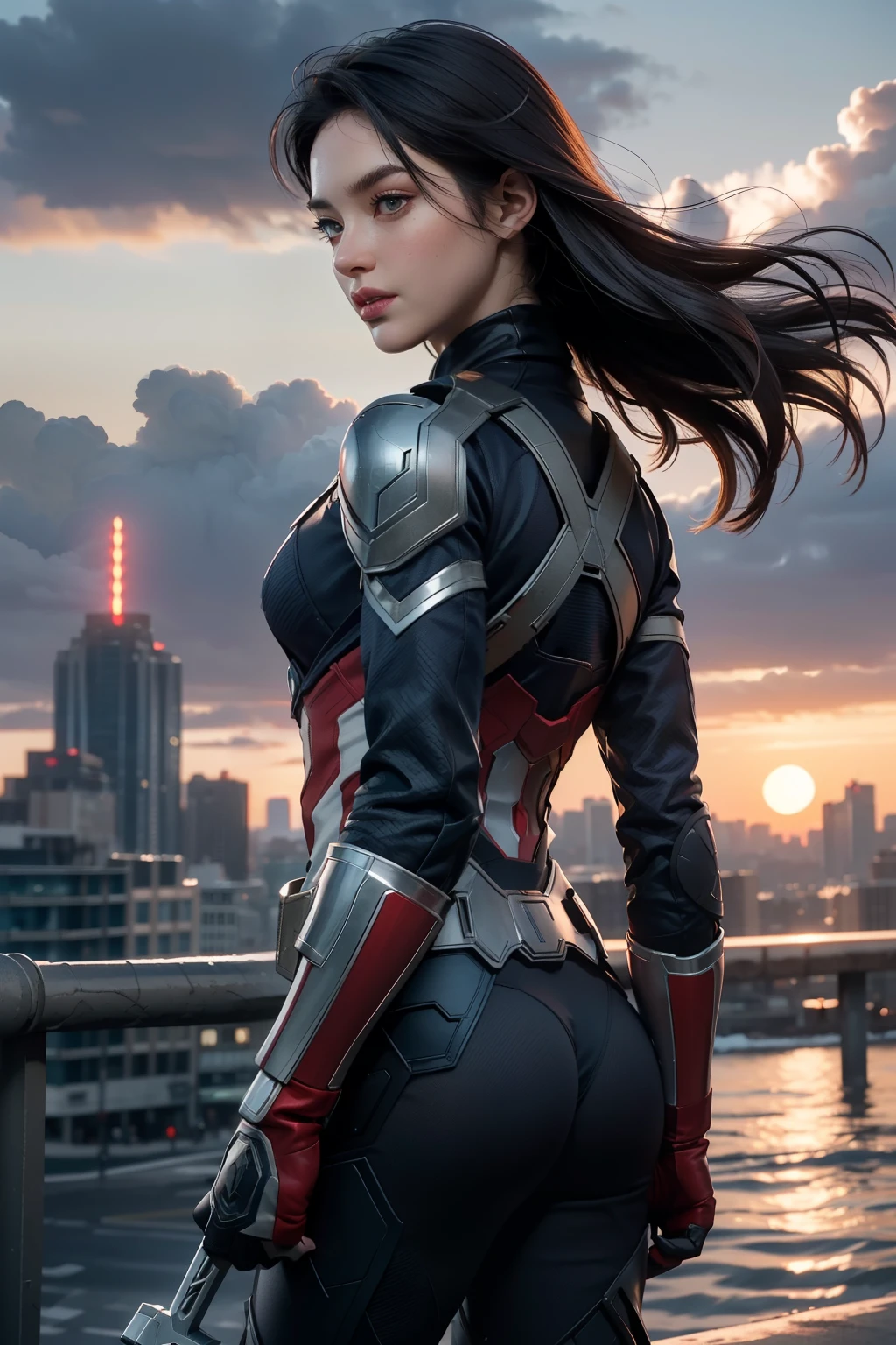 ((best quality)), ((masterpiece)), (detailed), 1man as super hero captain america in cyborg suit, holding the sheild, is watching the sunset(back side camera view) in the top of the city building, wind blows, clouds, shadows, enter the dark, neon lights banners