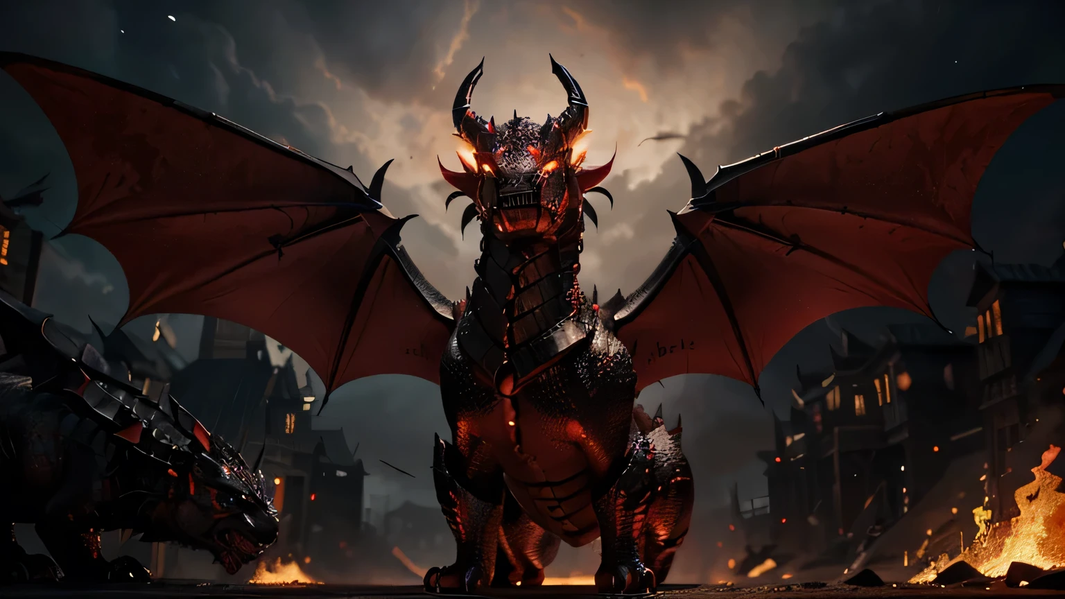 Create an image of Drakthor, a large black dragon with glowing red eyes and metallic red scales. The dragon should have bat-like wings and The background should show a burning village to highlight the dragon’s destructive power."