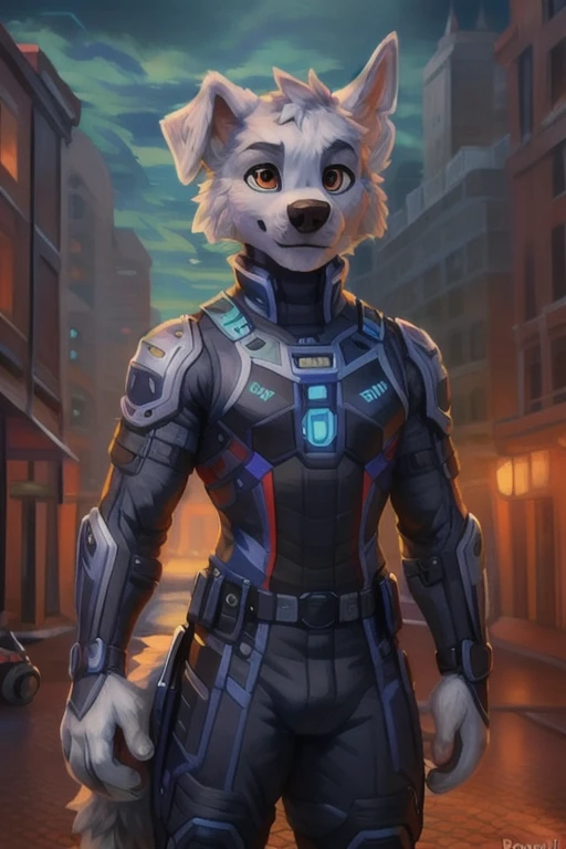 detailed fluffy fur texture, impasto impressionism, (by foxovh, ross tran, michael garmash, pino daeni, iskra), detailed eyes, highly detailed pupils, solo, furry, anthro, rocky-pp, domestic dog, male, blue eyes, white fur, white body, fur body, fully clothed, detailed fluffy fur texture, curvy, wide hips, inner fluff ears, from front, standing, Black ExoSuits, Outside background, night, 1boy, smile, Huge bulge, His 50ft tall, His Gigantic size, 