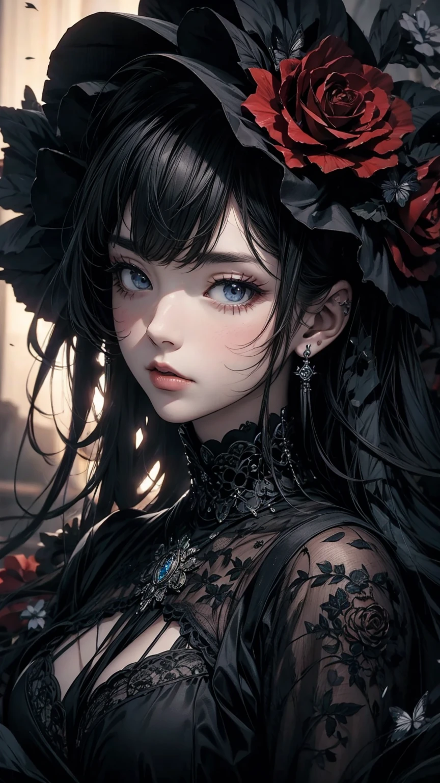 (masterpiece, High resolution, Highest quality), like々A beautiful woman, Gothic Lolita Fashion, Collage with black roses, Anime Style, Digital Painting,
