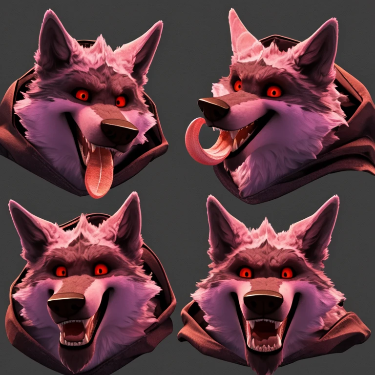 High Resolution, Looking at viewer, Open Mouth, Red Eyes, Tongue Out, Long Tongue, Wolf Ears, Masterpiece, Accurate, Anatomically Correct, Award Winning, Best Quality, Fangs, Upper Teeth, Wide-Eyed, Seductive Smile, Expressions, Raised Eyebrow, Glowing Eyes, Naughty Face, Oral Invitation, Simple background, Cowboy Shot, Multiple Views, Close-Up, Character Sheet Full-Length, Hood Down, Character Design, Cinematic, Illustration