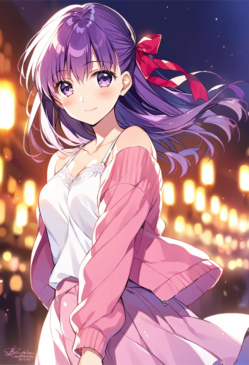 1girl(fate stay night, Matou Sakura, purple hair, side hair ribbon, white camisole, pink cardigan, light pink skirt, light smile)