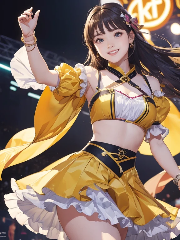 (Highest quality、 8k 、masterpiece、High resolution)、Full Body Shot、15 year old girl、Idol、Cute smile、Pretty lips、Adorable eyes、Dancing with a smile、Outdoor Stage、AKB48 Costumes、Realistic、Vibrant colors、Official Art、Detailed CG、Professional Lighting、Professional photographer、
