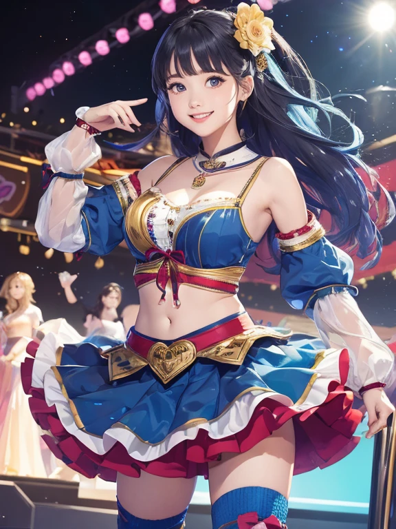 (Highest quality、 8k 、masterpiece、High resolution)、Full Body Shot、15 year old girl、Idol、Cute smile、Pretty lips、Adorable eyes、Dancing with a smile、Outdoor Stage、AKB48 Costumes、Realistic、Vibrant colors、Official Art、Detailed CG、Professional Lighting、Professional photographer、