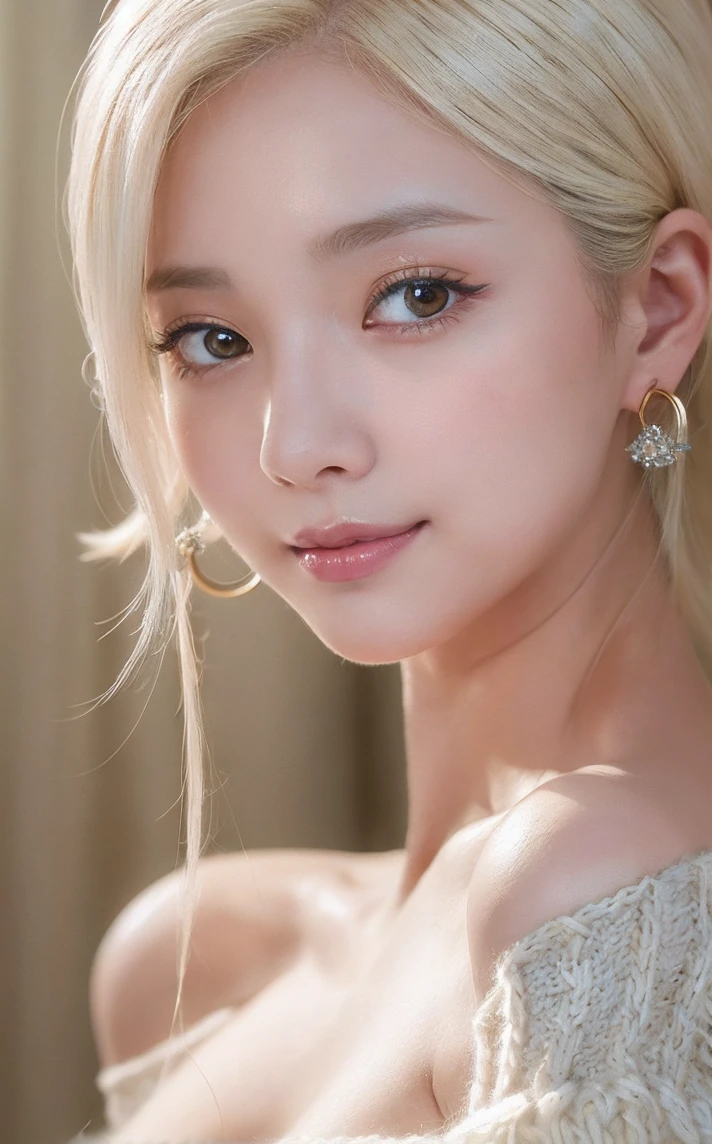 ((masterpiece:1.2、Highest quality、Tmasterpiece))、1 female、alone、Luxury hotel at night、Day、(Korean Idol:1.2)、(Are standing:1.4)、Platinum Blonde、(Hime Hair:1.4)、Wavy Hair、Medium Hair、Beautiful feet、break、,(Off-the-shoulder knit:1.5),((Fine knitting:1.4))、(Beautiful white skin:1.4)、(Big Breasts:1.5)、Hoop Earrings、lipstick、blush、(smile:1.2)、Covered breasts、Big Breasts輪、(Thick lips:1.2)、Detailed body、Very detailed絵画, Luminism、4K resolution、3D Rendering、Exquisitely crafted , Cinematic、Realistic、Hit definition、Abstract Beauty、Approaching perfection, Pure Form, Golden Ratio、Very detailed, Digital photography, Soft natural light, 50mm lens, 1 1 1.8 Vacancies、blush、Small face、(Tight waist),(albino:1.3),(anorexia:1.3),(Sickly:1.2),(Face close-up:1.7)