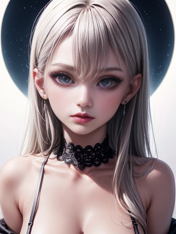 Depth of bounds written, detailed eye, ((CG illustration)), ((face focus)), ((masterpiece)), ((8K)), ((super detailed)), ((Super high quality)), ((cinematic)), ((Photoreal)), ((close up shot)), (solo), (cool girl), very long hair, straight hair, (((thin body))), Glossy skin, ((look away)), (Beautiful goth girl with high cheeks and legs), Gothic makeup, clear eyes, lipstick, dark eye shadow, ((No bra)), choker, earrings, provoke, night, ((full moon)), ((Functional)), Lonely, Visual kei, ((pastel colour)), Unwound clothes, forget, kiss, White Knight, dark, silence
