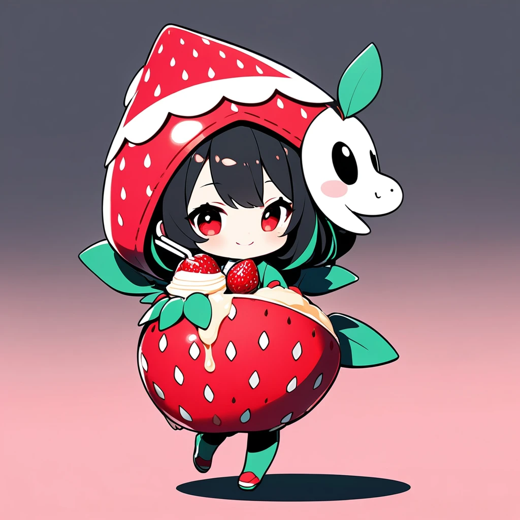 ultra-small deformation, Chibi Cute, 1girl, solo, full body, A Strawberry costume, strawberry hoodie, drinking condensed milk with straw, smile, High contrast and vivid color, simple background