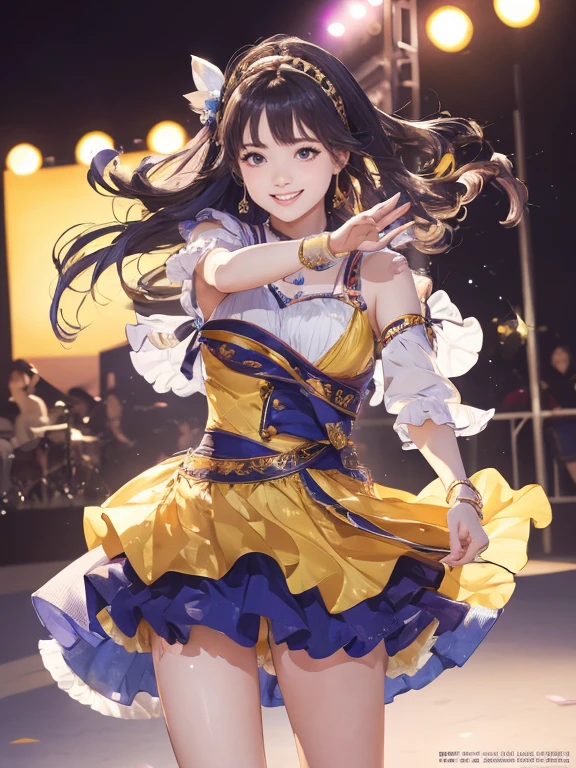 (Highest quality、 8k 、masterpiece、High resolution)、Full Body Shot、15 year old girl、Idol、Cute smile、Pretty lips、Adorable eyes、Dancing with a smile、Outdoor Stage、AKB48 Costumes、Realistic、Vibrant colors、Official Art、Detailed CG、Professional Lighting、Professional photographer、