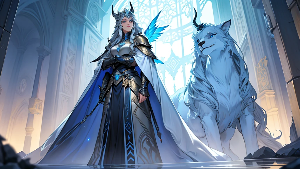 Draw Ingrid Falk (freya) in a regal and imposing pose. She stands tall with a doradas, ethereal aura shining brightly around you. Your elegant light armor: gold plates and white leather with light blue details, and his majestic blue velvet cloak adorned with Norse runes contribute to his noble and powerful appearance. Their long, doradas, wavy hair and intense blue eyes emphasize her divine and imposing presence, reflecting his mythical abilities and noble heritage.