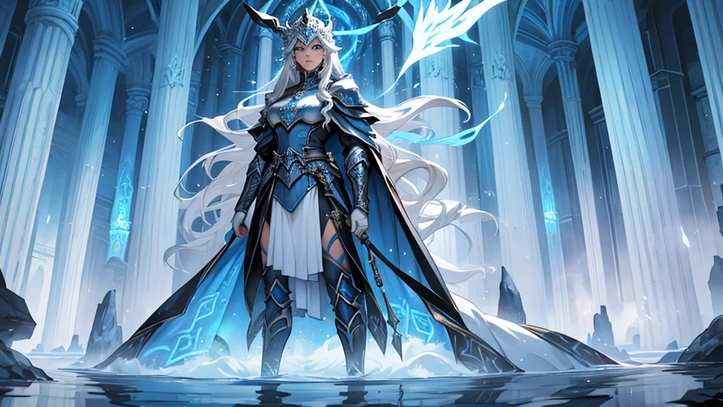 Draw Ingrid Falk (freya) in a regal and imposing pose. She stands tall with a doradas, ethereal aura shining brightly around you. Your elegant light armor: gold plates and white leather with light blue details, and his majestic blue velvet cloak adorned with Norse runes contribute to his noble and powerful appearance. Their long, doradas, wavy hair and intense blue eyes emphasize her divine and imposing presence, reflecting his mythical abilities and noble heritage.