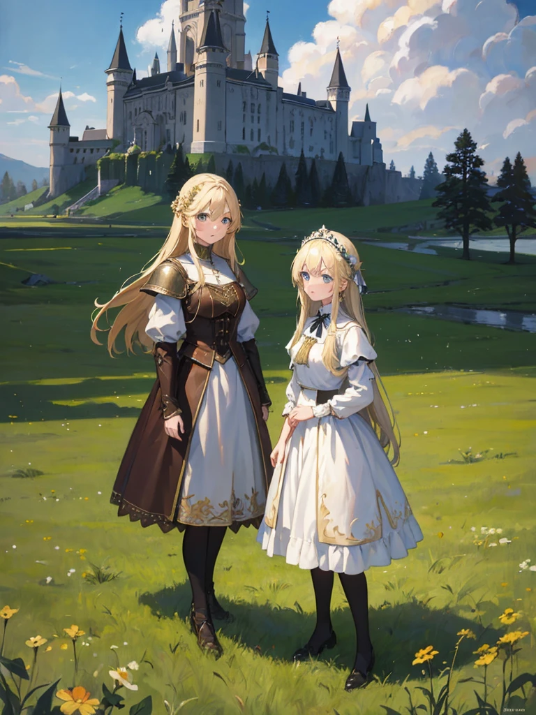 an oil painting of 2 girls in a field, standing near grass, long blonde hair, blue eyes, wearing white armor, castle, absurdres, high res, ultrasharp, 8K, masterpiece, looking at viewer