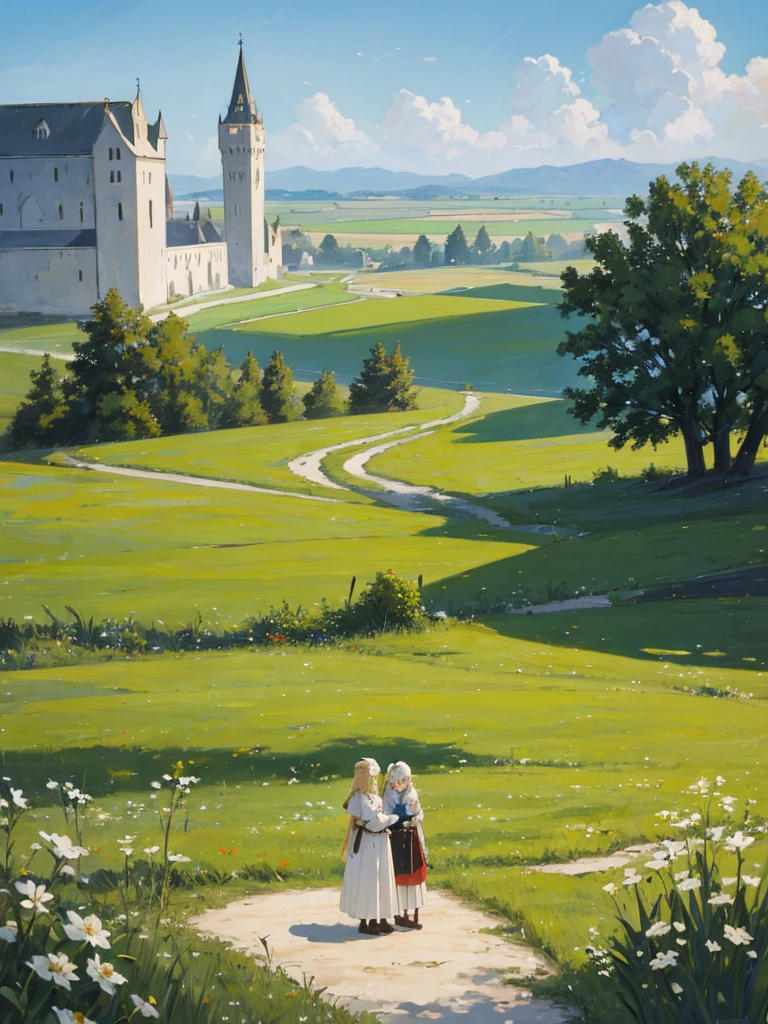 an oil painting of 2 girls in a field, standing near grass, long blonde hair, blue eyes, wearing white armor, castle, absurdres, high res, ultrasharp, 8K, masterpiece, looking at viewer