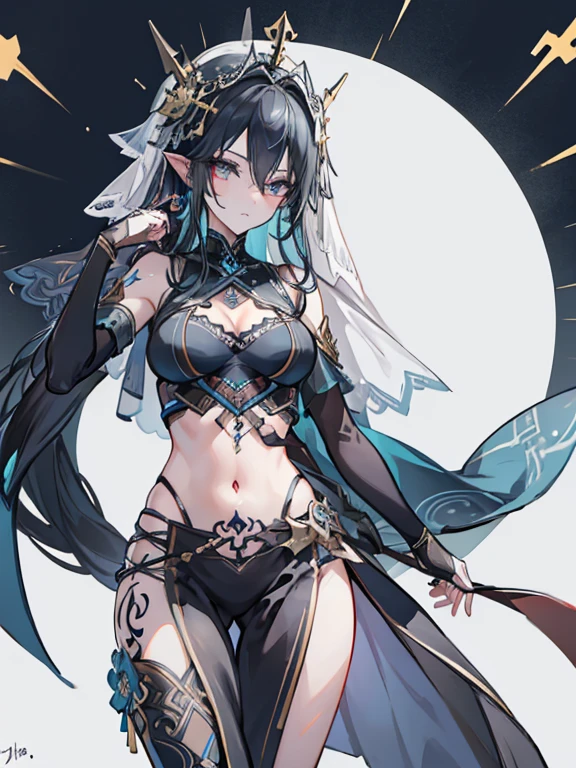 ((best quality)), ((masterpiece)), (detailed), 1girl, midriff, long black hair, blue highlights, ((face veil)), rune symbols on body, rune tattoo, pointy ears