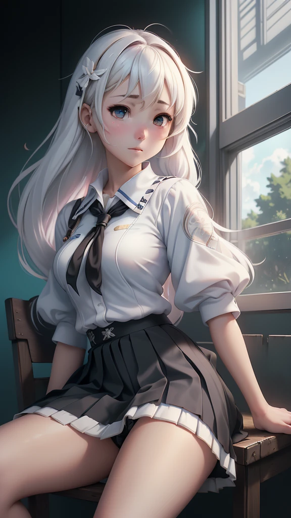 anime girl sitting in chair with cigarette in mouth and looking out window, (beautiful anime high school girl:1.4) , (cabello white +violent :1.4),(Black pleated skirt:1.4), (seductive anime girl) , a hyperrealistic schoolgirl, anime visual of a cute girl, the anime girl is crouching, (azur lane style:1.4) , still from tv anime, from the azur lane videogame, anime opening, anime best girl, (hyperrealistic schoolgirl:1.4) , high quality, (RAW photo, best quality), (realistic, photorealistic: 1.4), (extremely delicate and beautiful: 1.4), amazing, fine details, masterpiece, ultra detailed, high resolution, best illustration, best shadow, intricate, ( extremely intricate: 1.2), (exquisitely detailed skin), cinematic light, perfect anatomy, (cool color: 1.4), sharp focus, 8k UHD, DSLR, (Fujifilm XT3),More detailed 8K.motor irreal:1.4,UHD,La mejor calidad:1.4, fotorrealista:1.4, textura de la piel:1.4, obra maestra:1.8,obra-prima, mejor calidad,objeto Objeto], (detailed face features:1.3),(Las proporciones correctas),(Ojos hermosos azules),  (pose vaquero), (mostrando panties white encaje :1.4), (modelo Rusia y japonesa belleza :1.4), (alya sometimes hides her feelings:1.4), (iluminación cinematográfica :1.4) 