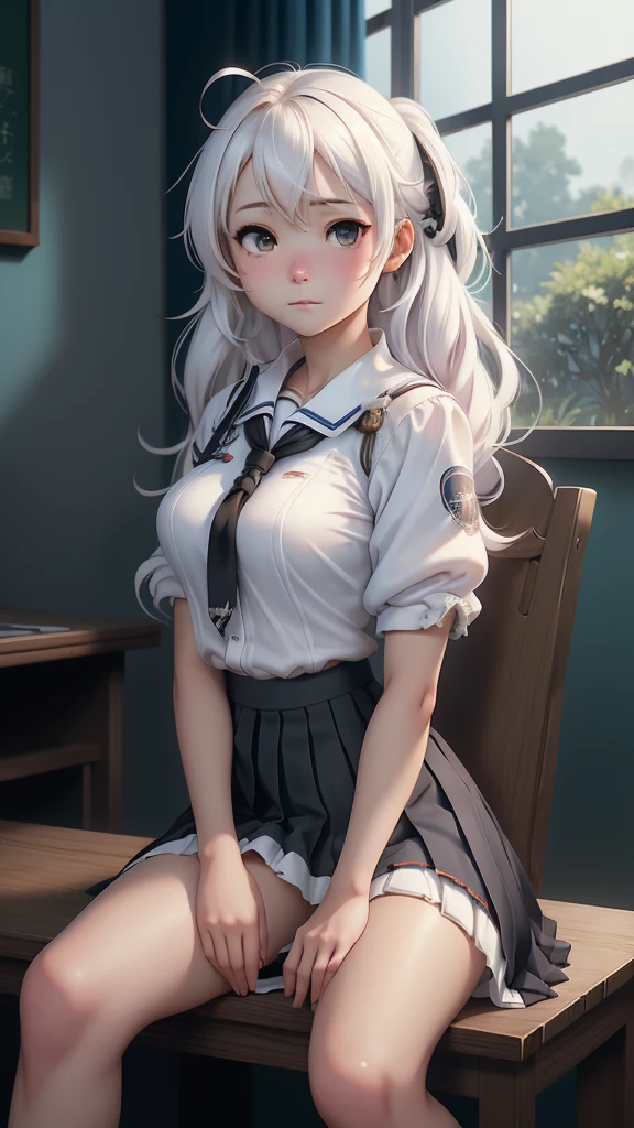 anime girl sitting in chair with cigarette in mouth and looking out window, (beautiful anime high school girl:1.4) , (cabello white +violent :1.4),(Black pleated skirt:1.4), (seductive anime girl) , a hyperrealistic schoolgirl, anime visual of a cute girl, the anime girl is crouching, (azur lane style:1.4) , still from tv anime, from the azur lane videogame, anime opening, anime best girl, (hyperrealistic schoolgirl:1.4) , high quality, (RAW photo, best quality), (realistic, photorealistic: 1.4), (extremely delicate and beautiful: 1.4), amazing, fine details, masterpiece, ultra detailed, high resolution, best illustration, best shadow, intricate, ( extremely intricate: 1.2), (exquisitely detailed skin), cinematic light, perfect anatomy, (cool color: 1.4), sharp focus, 8k UHD, DSLR, (Fujifilm XT3),More detailed 8K.motor irreal:1.4,UHD,La mejor calidad:1.4, fotorrealista:1.4, textura de la piel:1.4, obra maestra:1.8,obra-prima, mejor calidad,objeto Objeto], (detailed face features:1.3),(Las proporciones correctas),(Ojos hermosos azules),  (pose vaquero), (mostrando panties white encaje :1.4), (modelo Rusia y japonesa belleza :1.4), (alya sometimes hides her feelings:1.4), (iluminación cinematográfica :1.4) 