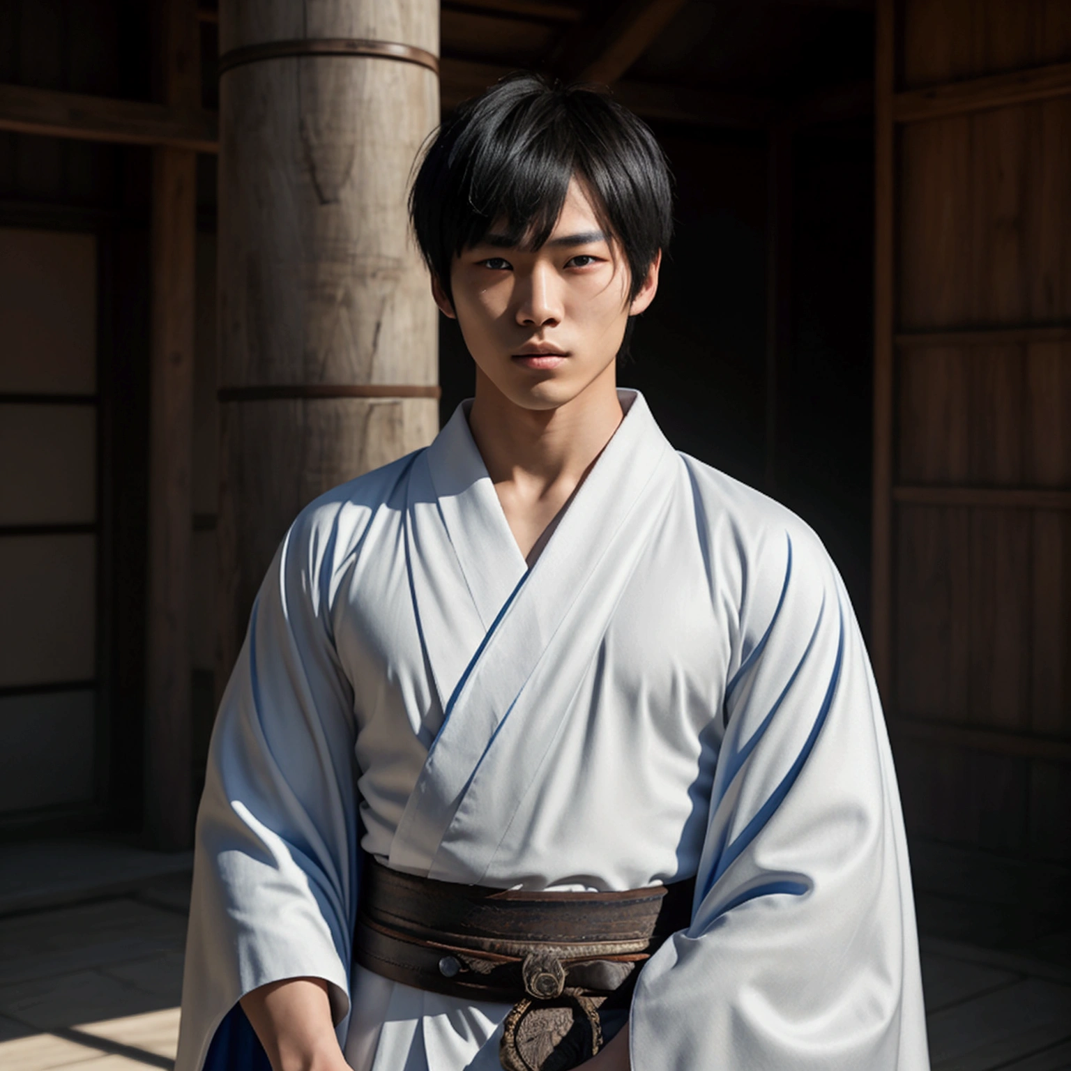 an eighteen year old Japanese man with a razualvemte full physique, have fair skin, I want you to have blue eyes and your hair covers your left eye with bangs, one eye covered by bangs, has a serious expression, and wears a white kimono, has a black cape on its back and has a strong look.. captured in an ultra-realistic full HD 4K portrait, detailed texture showing its menacing shape, Immersive atmosphere, high definition shadow play, digitalpainting, nevoa no environment. he is a swordsman. Add big bangs that cover your left eye completely.