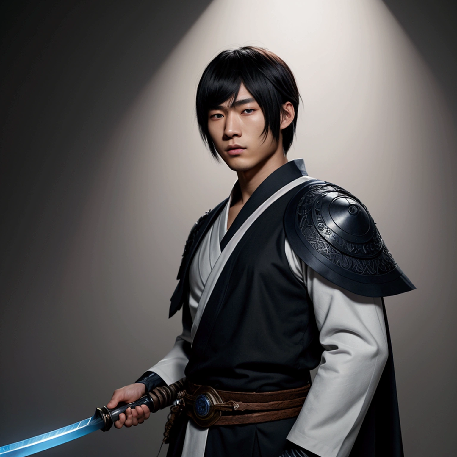 an eighteen year old Japanese man with a razualvemte full physique, have fair skin, I want you to have blue eyes and your hair covers your left eye with bangs, one eye covered by bangs, has a serious expression, and wears a white kimono, has a black cape on its back and has a strong look.. captured in an ultra-realistic full HD 4K portrait, detailed texture showing its menacing shape, Immersive atmosphere, high definition shadow play, digitalpainting, nevoa no environment. he is a swordsman. Add big bangs that cover your left eye completely.