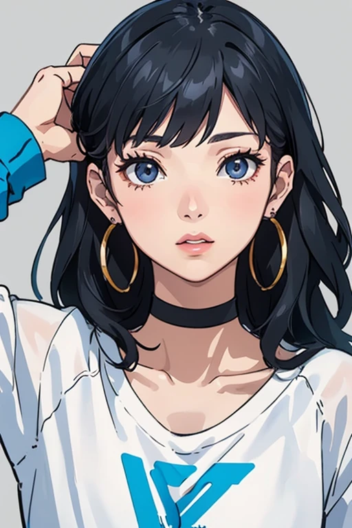 "(Better Quality, first work:1.2) | Detailed Eyes:1.2 1 Female (Dynamic English, perspective, Long Hair) choker, shirt, オープンスウェットshirt, ear earrings, finely, first work."