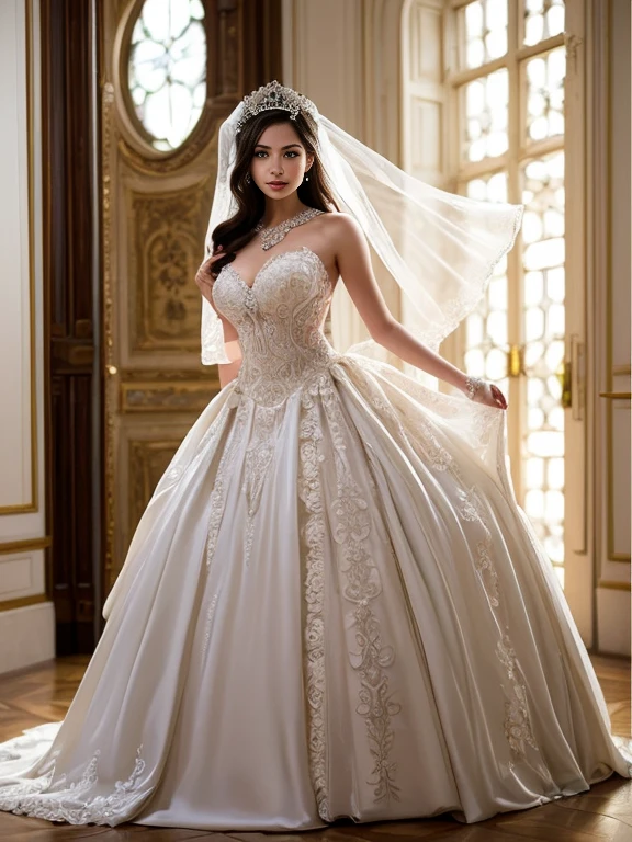 ((realistic)),(masterpiece),(Best Quality), (Super Detail),((Very delicate and beautiful)),Focus on character,Dynamic Angle,Looking at Viewer,((Solo)),Standing,((Full body)),((One princess in a voluminous skirt and gorgeous ball gown wedding dress)),((June bride)),Detailed face and eyes,Eyes Like Gems,((Very Long voluminous Hair)),gorgeous embroidery and lace,((Gorgeous corsage)),See-through,(Gorgeous jewelry ornaments),luxury hair ornament,luxury tiara with jewels,ornate ruffles,((huge-breasted,Long breasts)),Indoor,Church Wedding,((Full body)),hoop skirt,crinoline,Very long wedding veil,(((Fusion of jeweled wedding dress and gorgeous embroidered rococo ball gown)))