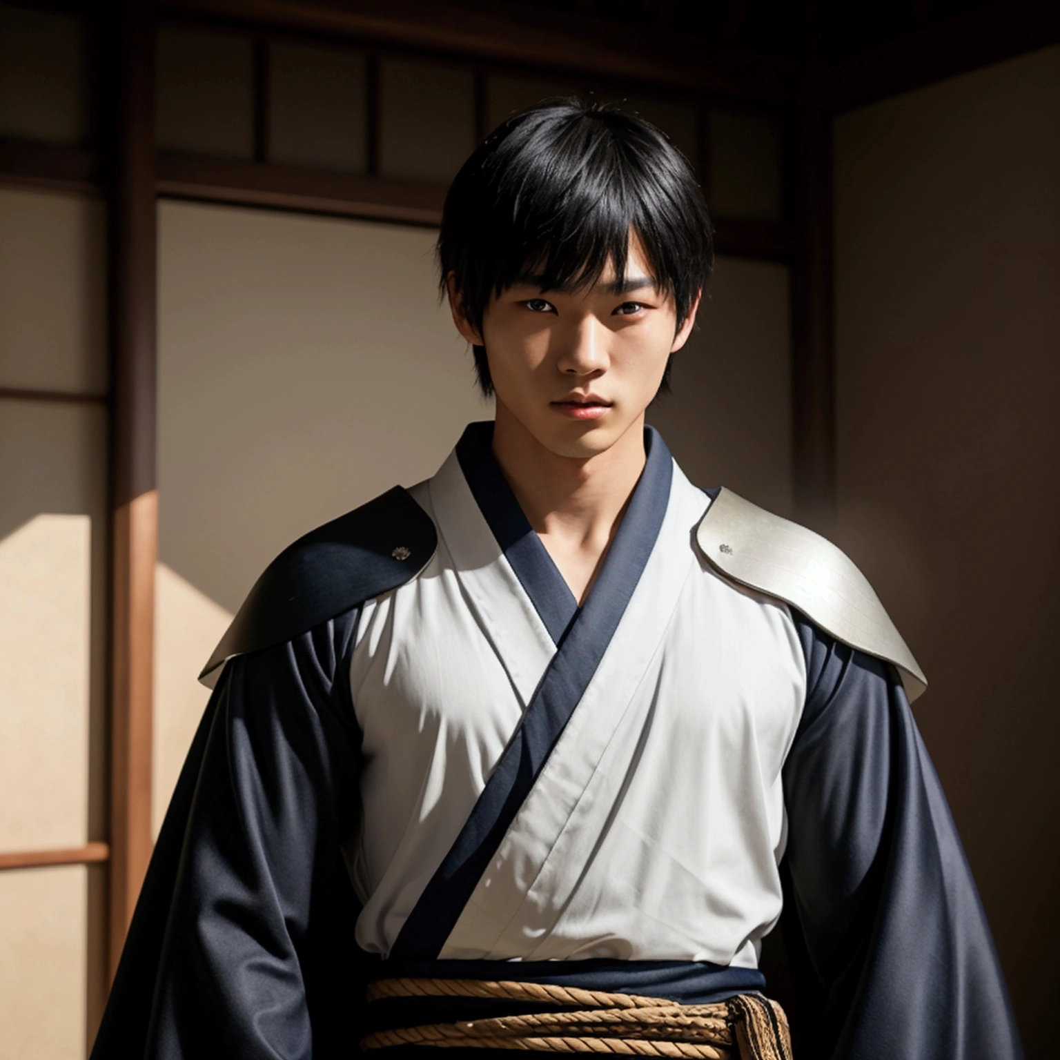 an eighteen year old Japanese man with a razualvemte full physique, have fair skin, I want you to have blue eyes and your hair covers your left eye with bangs, one eye covered by bangs, has a serious expression, and wears a white kimono, has a black cape on its back and has a strong look.. captured in an ultra-realistic full HD 4K portrait, detailed texture showing its menacing shape, Immersive atmosphere, high definition shadow play, digitalpainting, nevoa no environment. he is a swordsman. Add big bangs that cover your left eye completely.