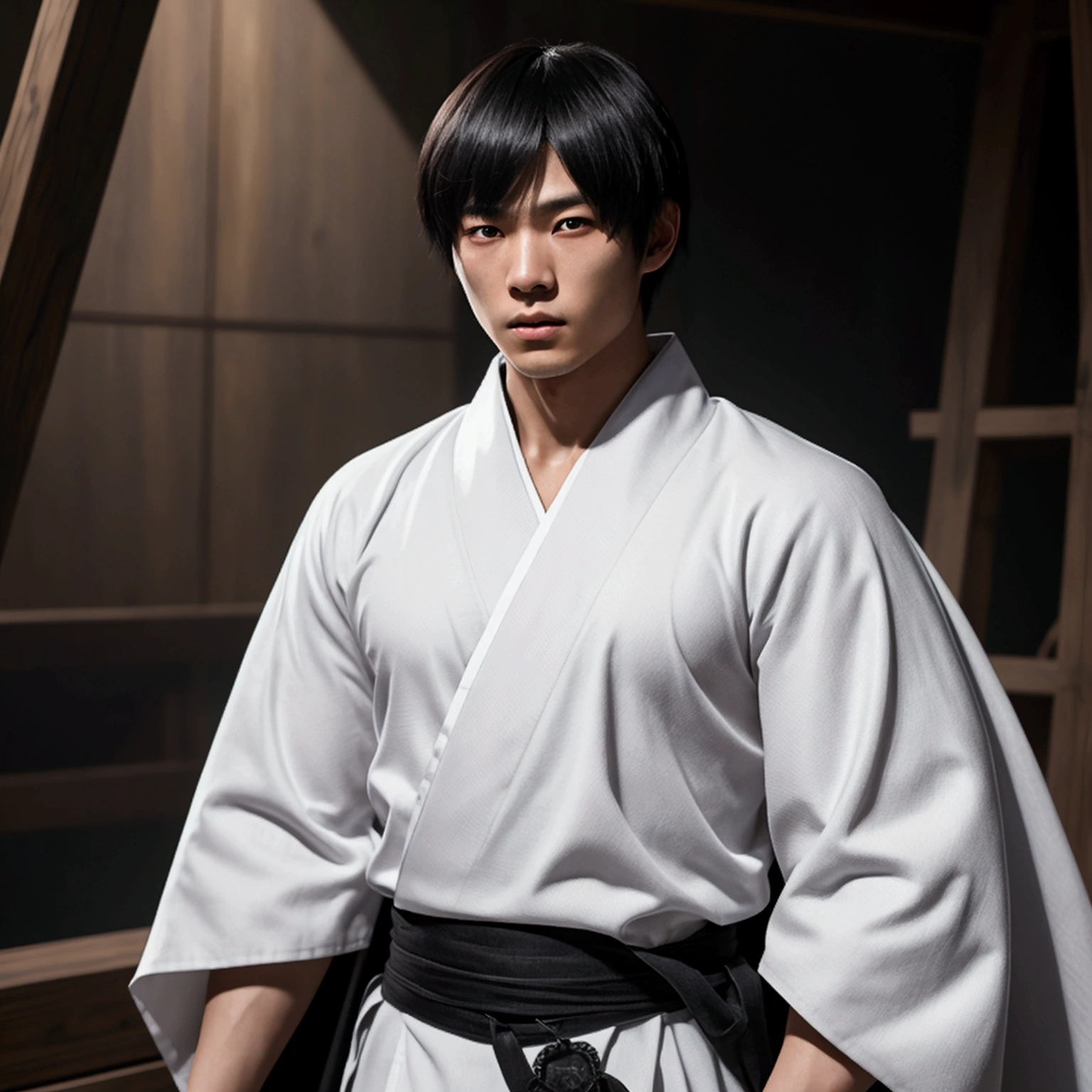 an  year old Japanese man with a razualvemte full physique, have fair skin, I want you to have blue eyes and your hair covers your left eye with bangs, one eye covered by bangs, has a serious expression, and wears a white kimono, has a black cape on its back and has a strong look.. captured in an ultra-realistic full HD 4K portrait, detailed texture showing its menacing shape, Immersive atmosphere, high definition shadow play, digitalpainting, nevoa no environment. he is a swordsman. Add big bangs that cover your left eye completely.