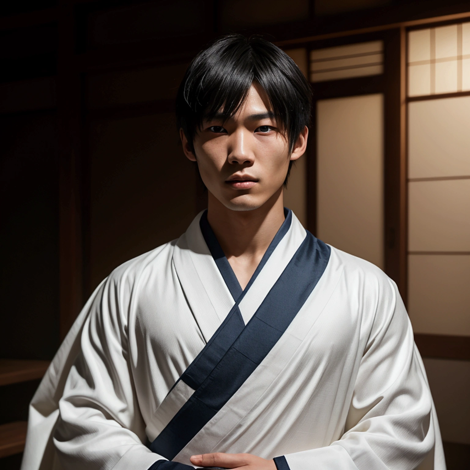 an eighteen year old Japanese man with a razualvemte full physique, have fair skin, I want you to have blue eyes and your hair covers your left eye with bangs, one eye covered by bangs, has a serious expression, and wears a white kimono, has a black cape on its back and has a strong look.. captured in an ultra-realistic full HD 4K portrait, detailed texture showing its menacing shape, Immersive atmosphere, high definition shadow play, digitalpainting, nevoa no environment. he is a swordsman. Add big bangs that cover your left eye completely.