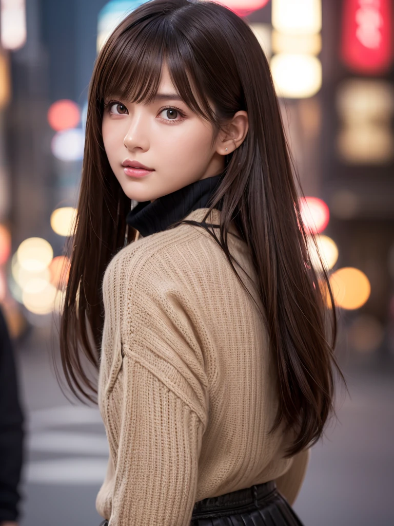 Product quality, 1 girl, Cowboy Shot, Front view, Young and pretty girl in Japan, At night, Wearing a black knitted turtleneck sweater, Wearing a mini skirt, Super cute face, Glossy Lips, Double eyelids on both eyes, (Natural Makeup), shiny smooth light brown hair with long hair,, Asymmetrical bangs, Center image, 8k resolution, Attention to detail, Detailed hairstyle, Detailed face, Cinema Lighting, Octane Rendering, Ultra-realistic, Perfect limbs, Perfect Anatomy,