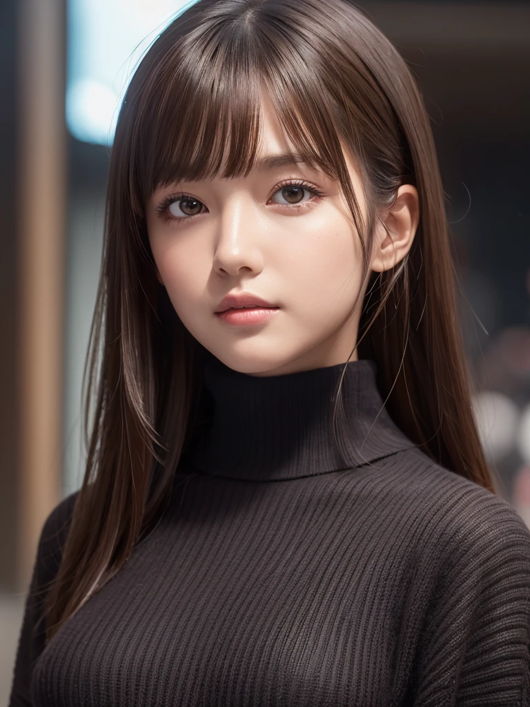 Product quality, 1 girl, Cowboy Shot, Front view, Young and pretty girl in Japan, At night, Wearing a black knitted turtleneck sweater, Wearing a mini skirt, Super cute face, Glossy Lips, Double eyelids on both eyes, (Natural Makeup), shiny smooth light brown hair with long hair,, Asymmetrical bangs, Center image, 8k resolution, Attention to detail, Detailed hairstyle, Detailed face, Cinema Lighting, Octane Rendering, Ultra-realistic, Perfect limbs, Perfect Anatomy,