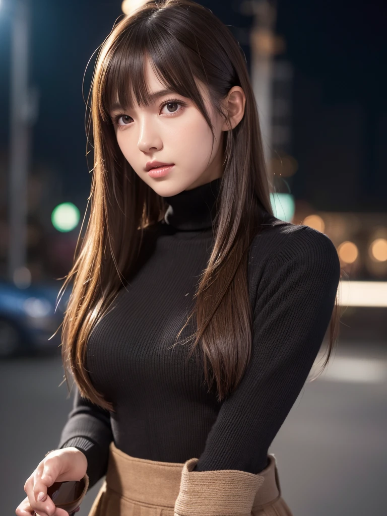 Product quality, 1 girl, Cowboy Shot, Front view, Young and pretty girl in Japan, At ht, Wearing a black knitted turtleneck sweater, Wearing a mini skirt, Super cute face, Glossy Lips, Double eyelids on both eyes, (Natural Makeup), shiny smooth light brown hair with long hair,, Asymmetrical bangs, Center image, 8k resolution, Attention to detail, Detailed hairstyle, Detailed face, Cinema Lighting, Octane Rendering, Ultra-realistic, Perfect limbs, Perfect Anatomy,