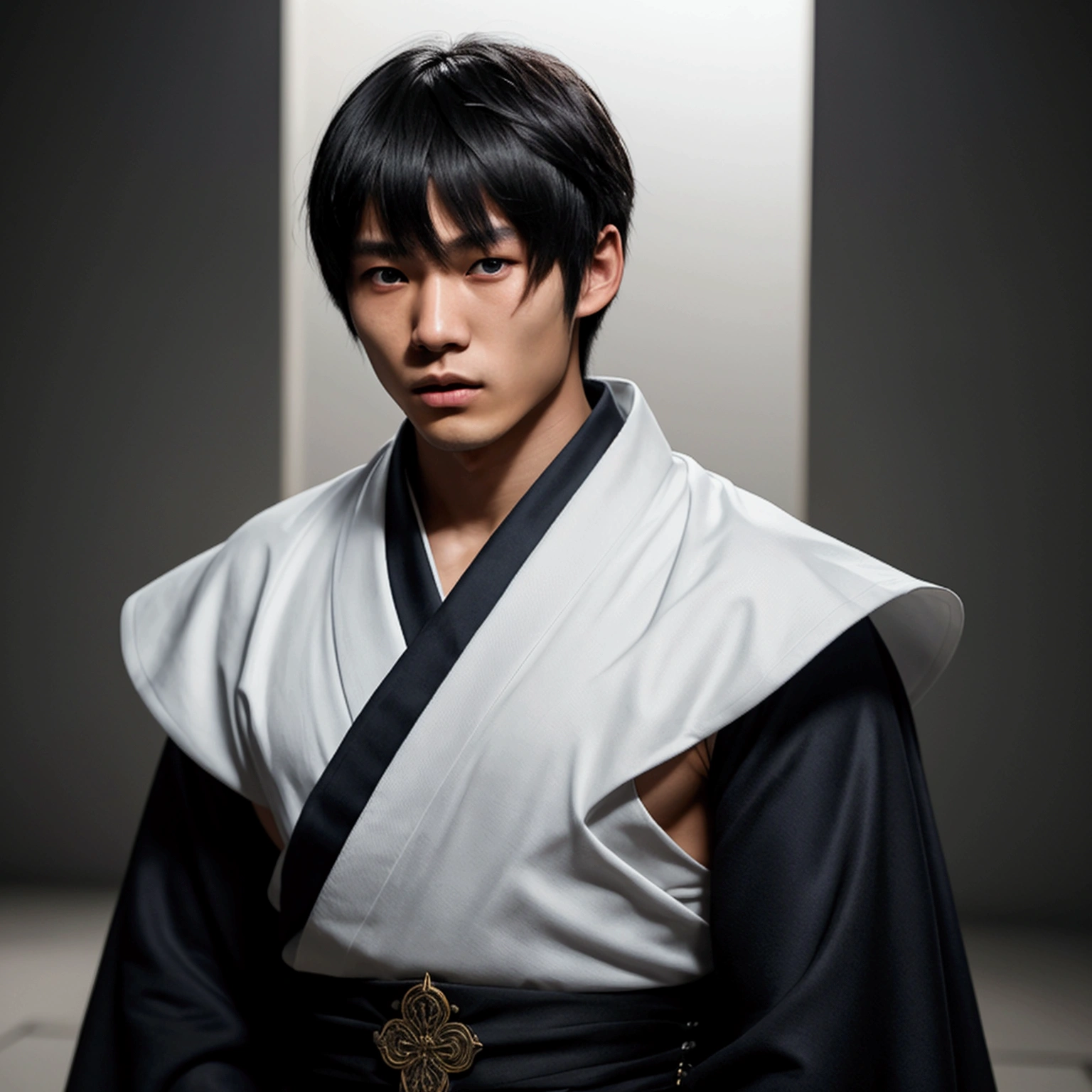 an eighteen year old Japanese man with a razualvemte full physique, have fair skin, I want you to have blue eyes and your hair covers your left eye with bangs, one eye covered by bangs, has a serious expression, and wears a white kimono, has a black cape on its back and has a strong look.. captured in an ultra-realistic full HD 4K portrait, detailed texture showing its menacing shape, Immersive atmosphere, high definition shadow play, digitalpainting, nevoa no environment. he is a swordsman. Add big bangs that cover your left eye completely.