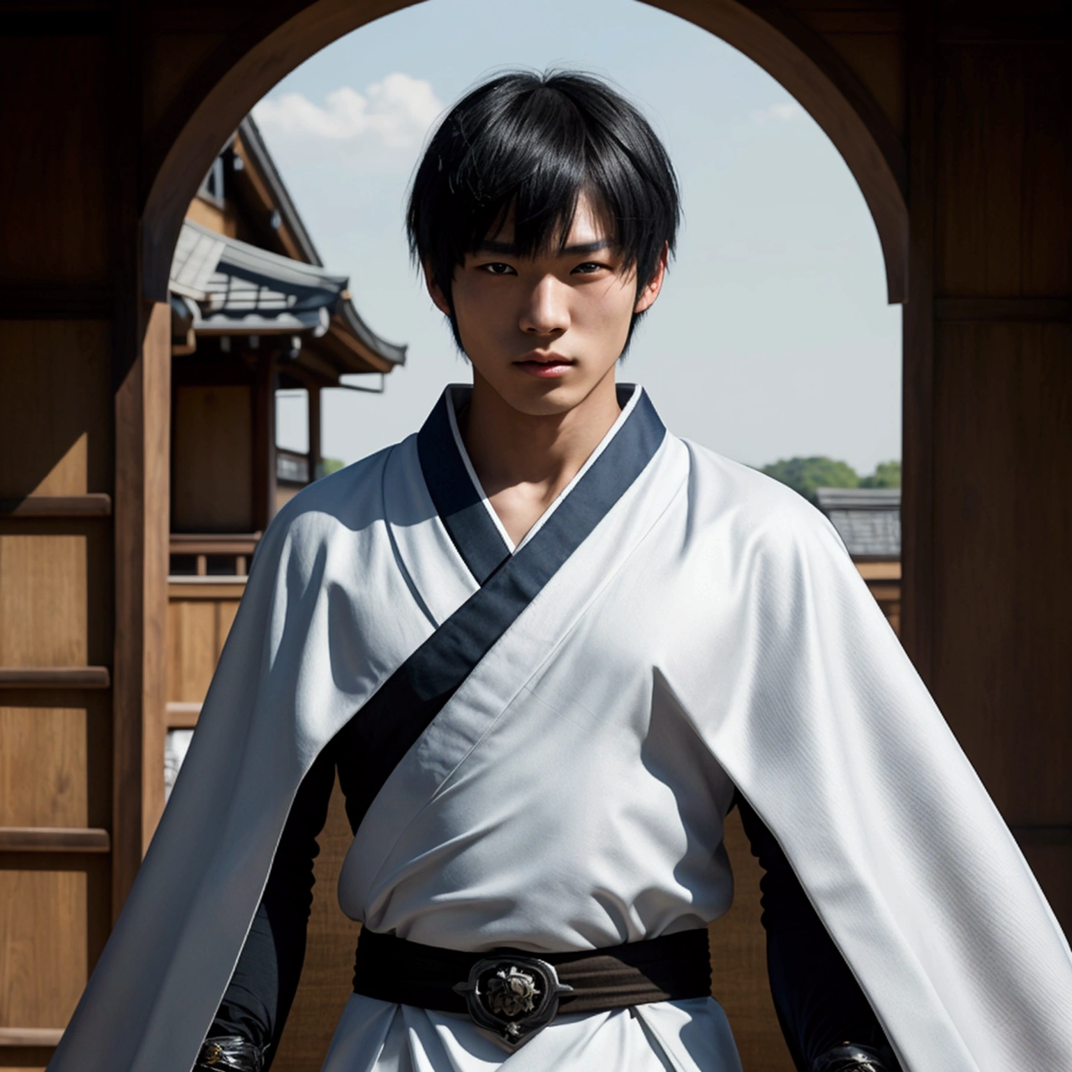 an eighteen year old Japanese man with a razualvemte full physique, have fair skin, I want you to have blue eyes and your hair covers your left eye with bangs, one eye covered by bangs, has a serious expression, and wears a white kimono, has a black cape on its back and has a strong look.. captured in an ultra-realistic full HD 4K portrait, detailed texture showing its menacing shape, Immersive atmosphere, high definition shadow play, digitalpainting, nevoa no environment. he is a swordsman. Add big bangs that cover your left eye completely.