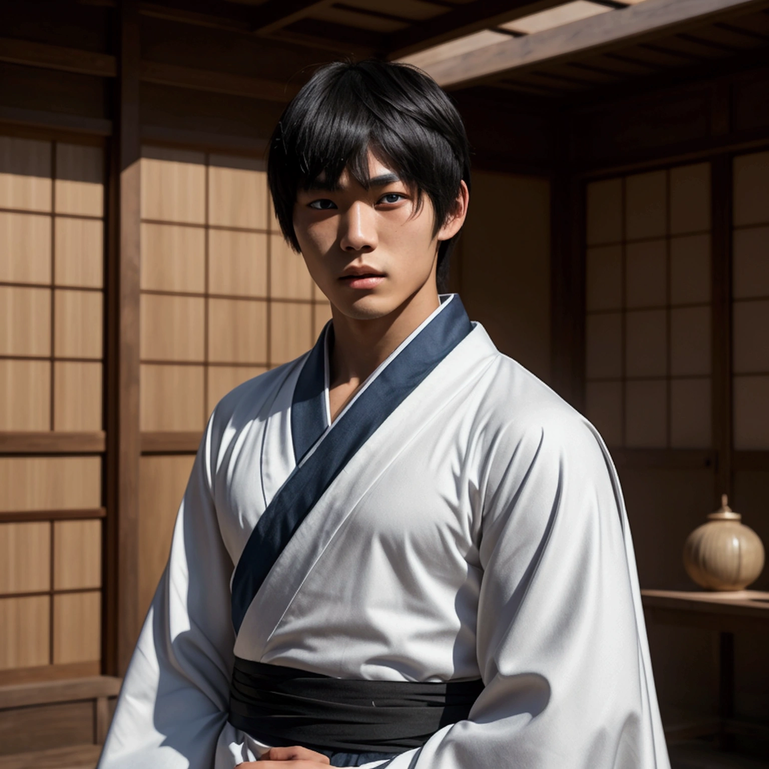 an eighteen year old Japanese man with a razualvemte full physique, have fair skin, I want you to have blue eyes and your hair covers your left eye with bangs, one eye covered by bangs, has a serious expression, and wears a white kimono, has a black cape on its back and has a strong look.. captured in an ultra-realistic full HD 4K portrait, detailed texture showing its menacing shape, Immersive atmosphere, high definition shadow play, digitalpainting, nevoa no environment. he is a swordsman. Add big bangs that cover your left eye completely.